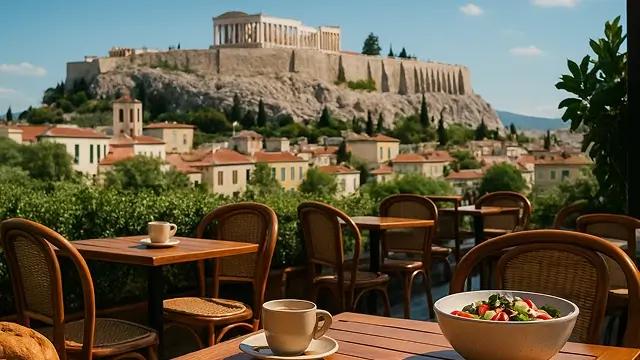 Εξωτερικός χώρος καφέ-εστιατορίου με θέα την Ακρόπολη στην Αθήνα – ιδανικό περιβάλλον για εργασία στην εστίαση